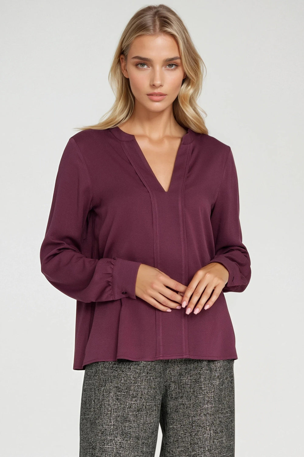 Nife Plum Pleated V-Neck Blouse - view 4