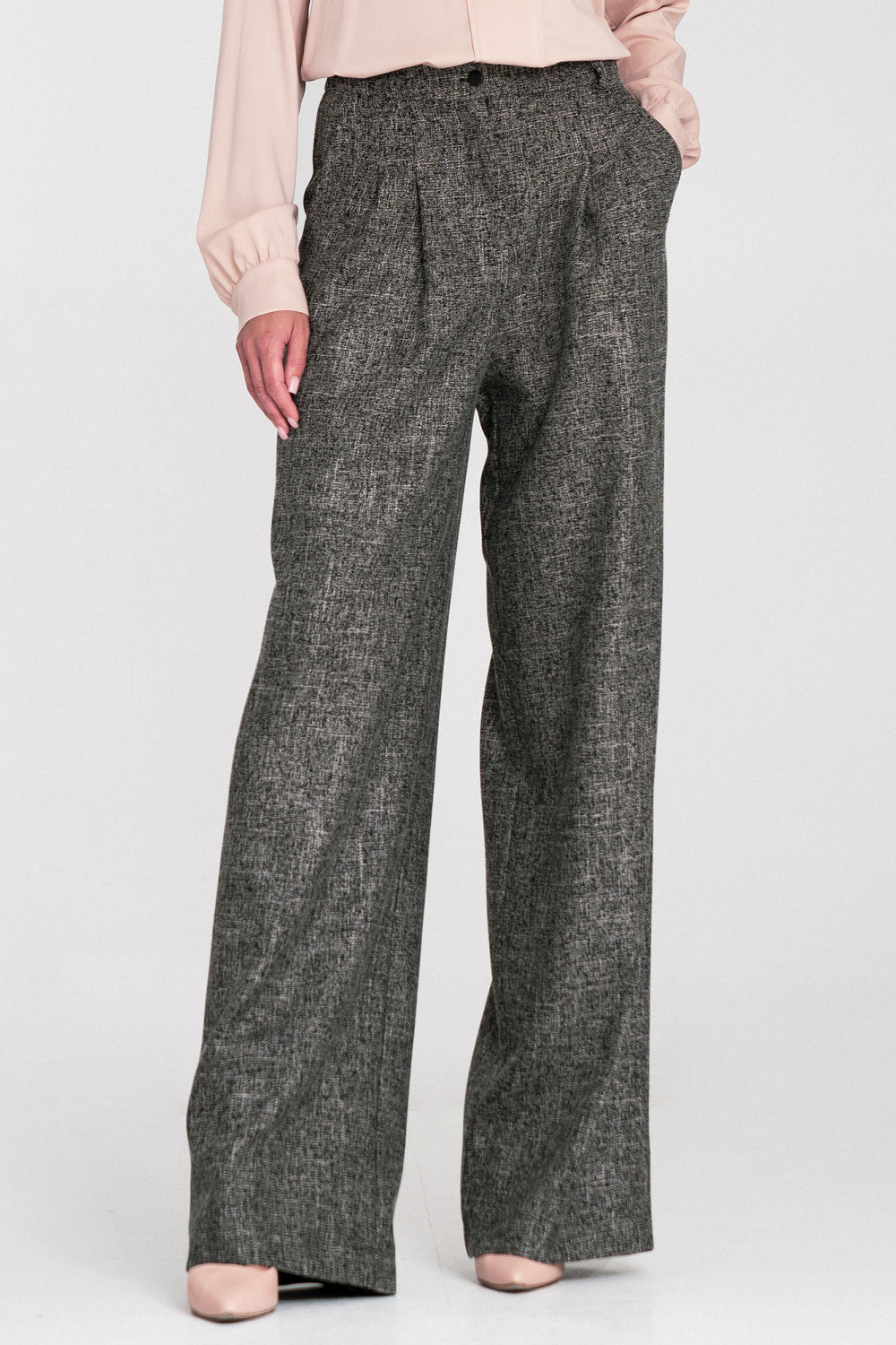 Nife Black Marl Polyester Pleated High Waisted Trousers