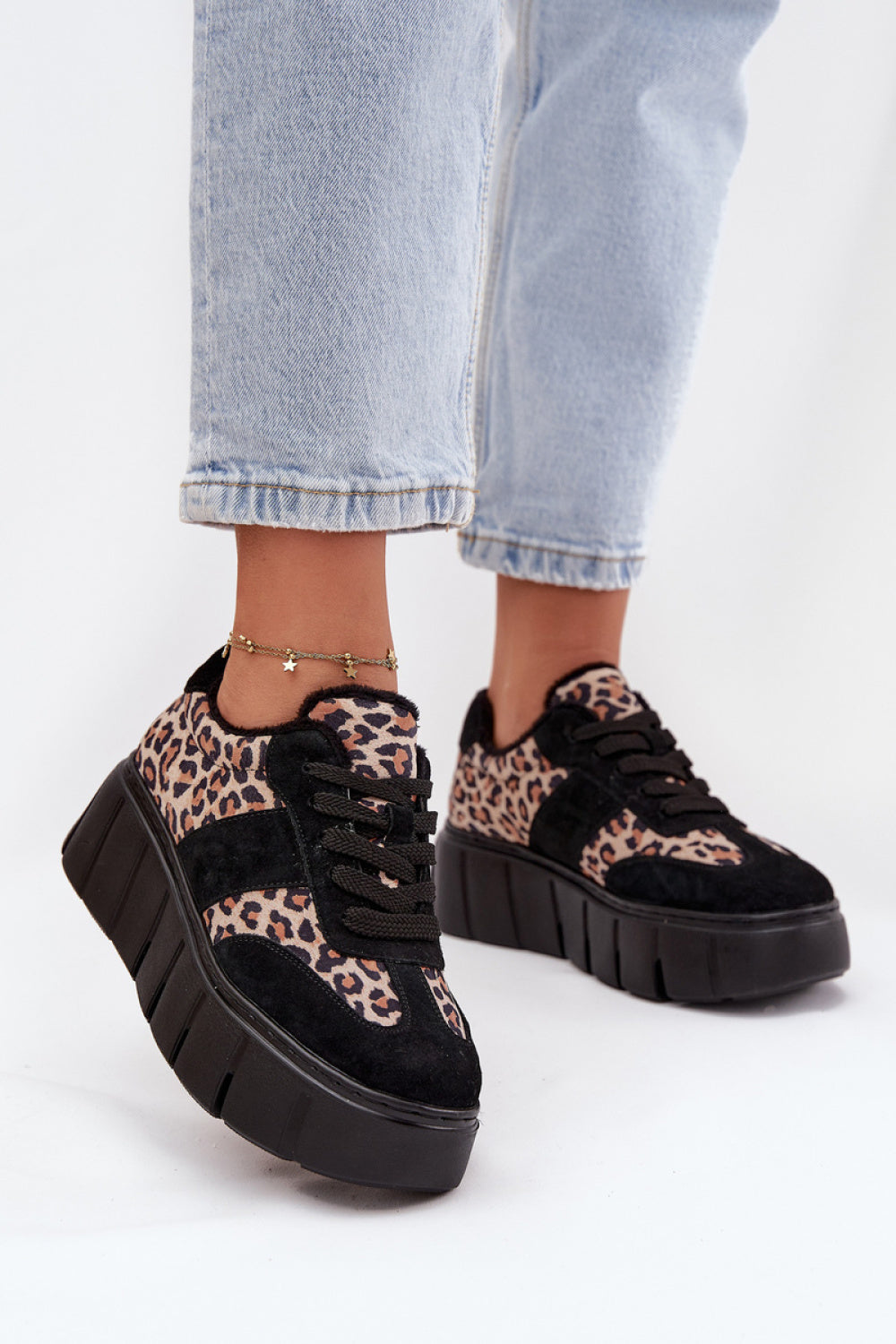 Step In Style Black Suede Platform Leopard Print Trainers