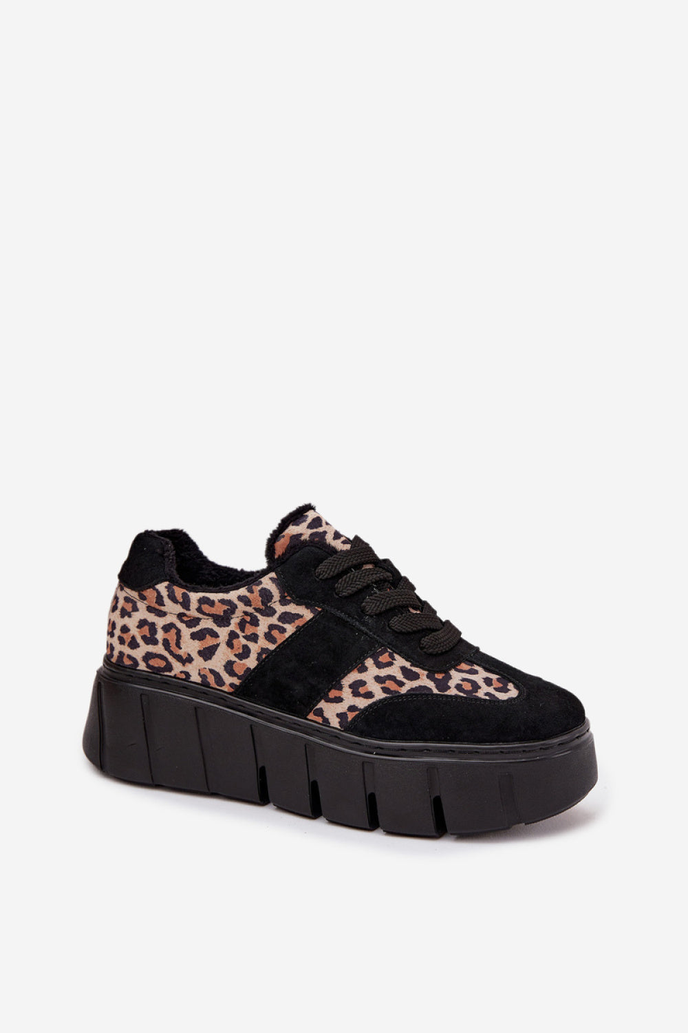 Step In Style Black Suede Platform Leopard Print Trainers - view 2