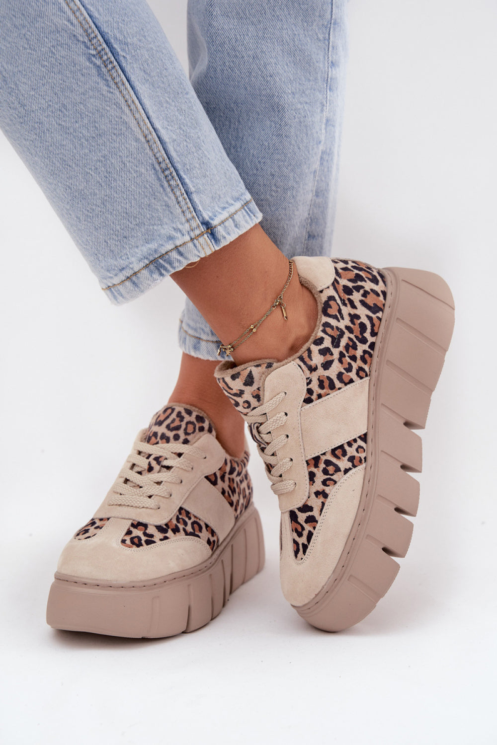 Step In Style Beige Suede Platform Leopard Print Trainers