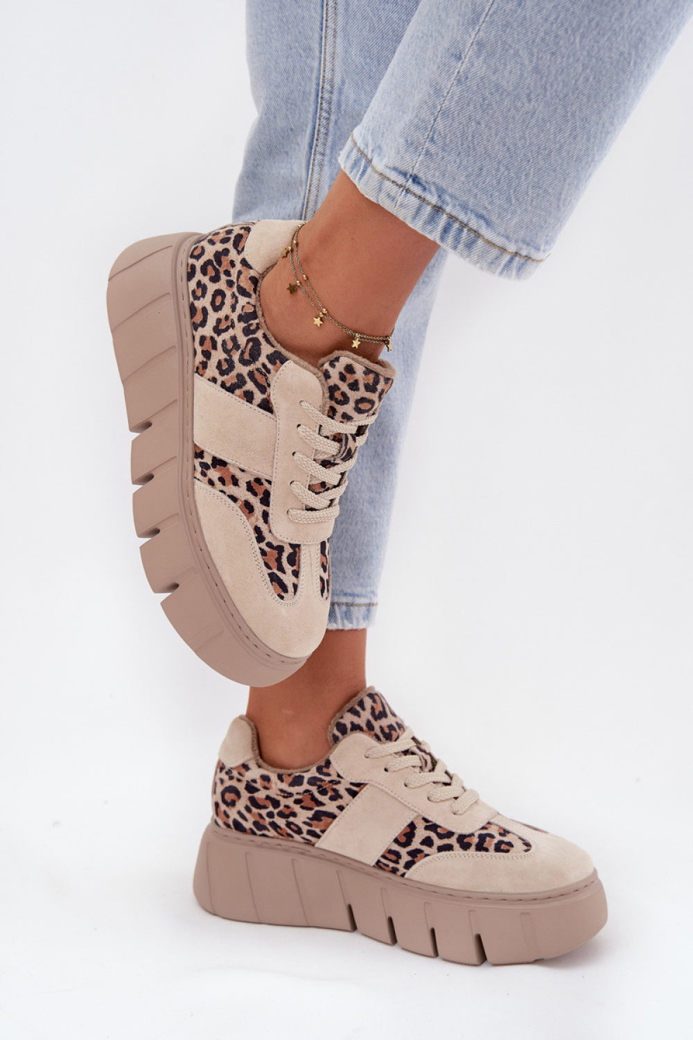 Step In Style Beige Suede Platform Leopard Print Trainers - view 3