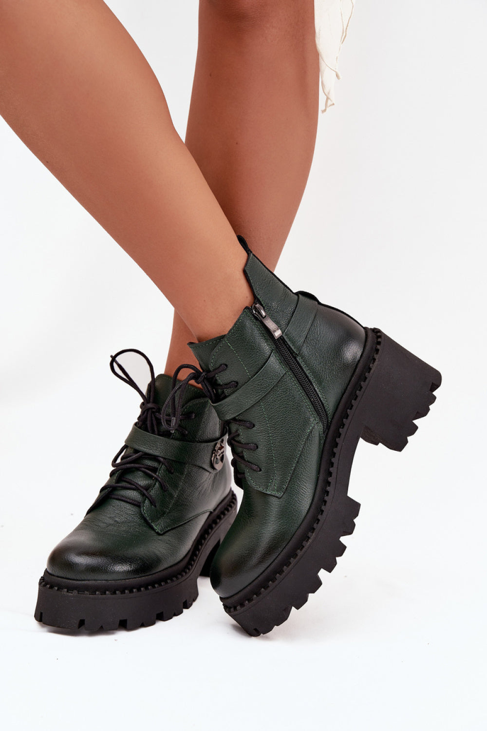 Step In Style Zazoo Dark Green Leather Block Heel Boots