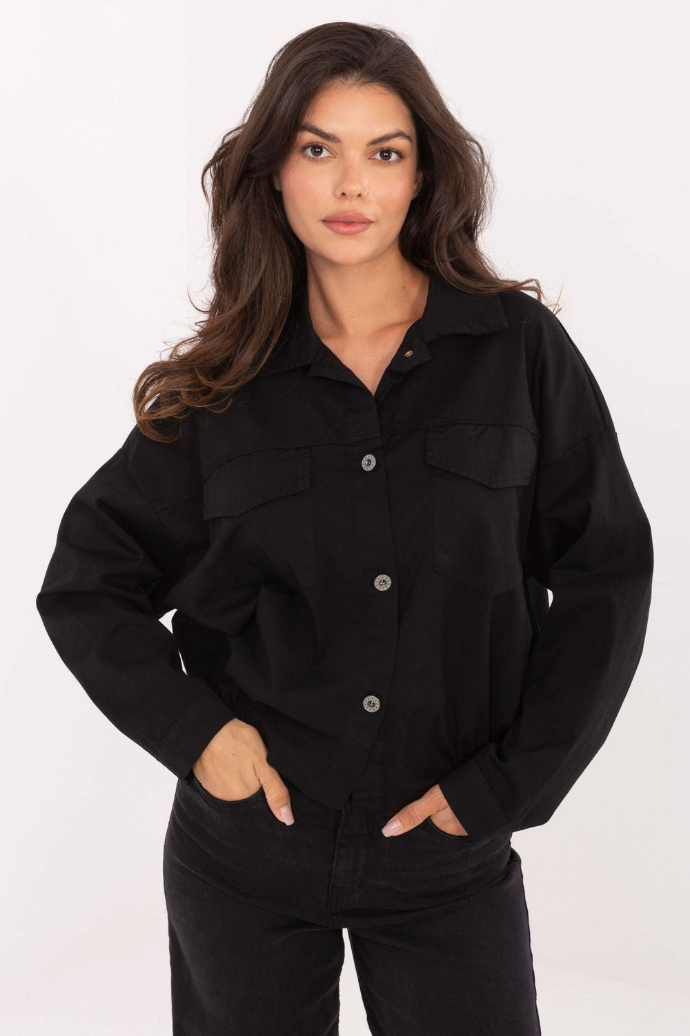 Rue Paris Black Collared Cotton Long Sleeve Top
