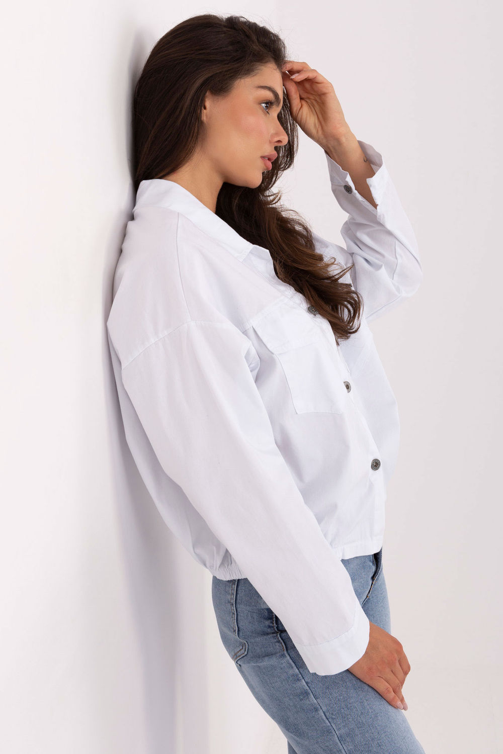 Rue Paris White Collared Cotton Long Sleeve Top - view 2