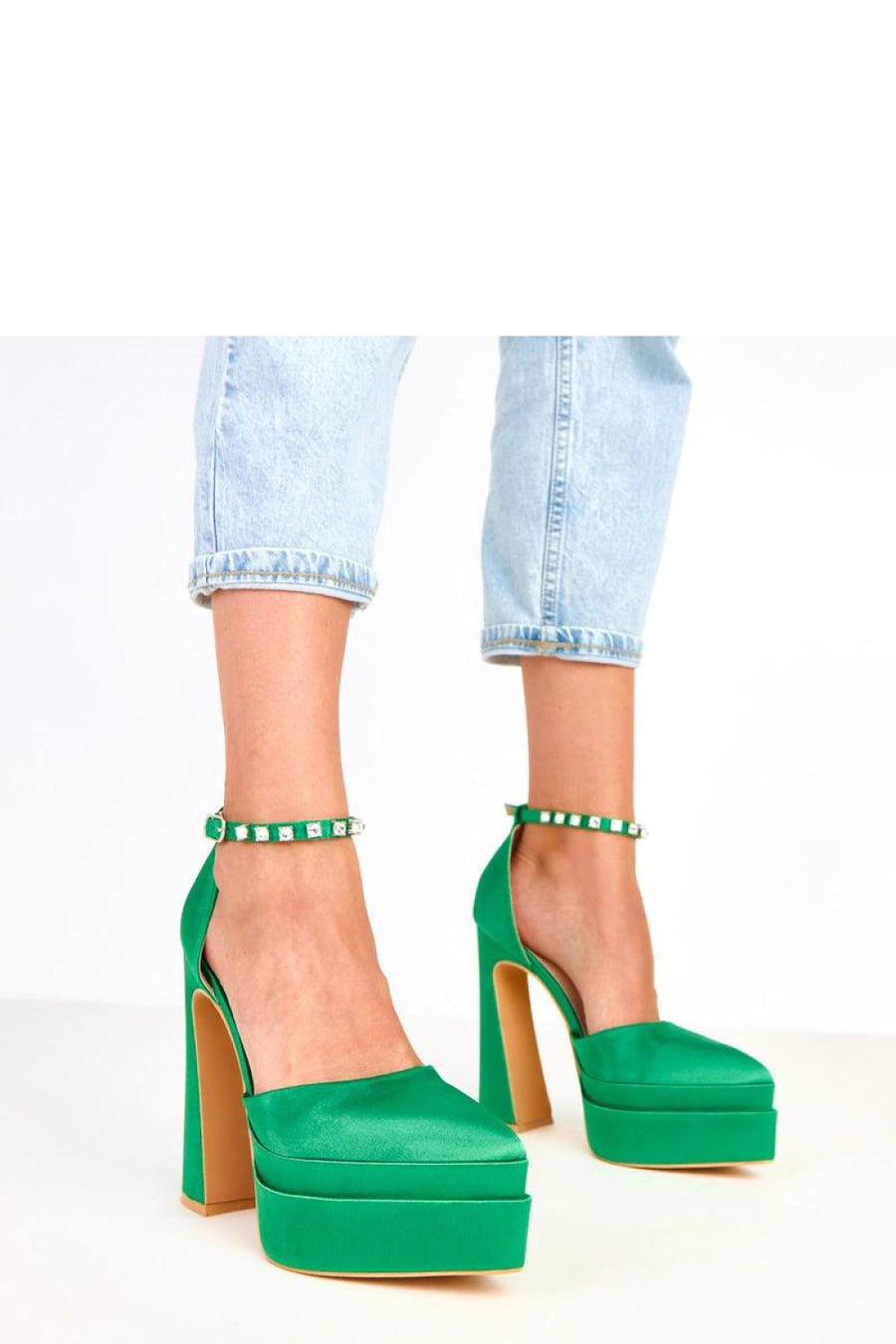 Solea Tolani Green Satin Block Heel Court Shoes
