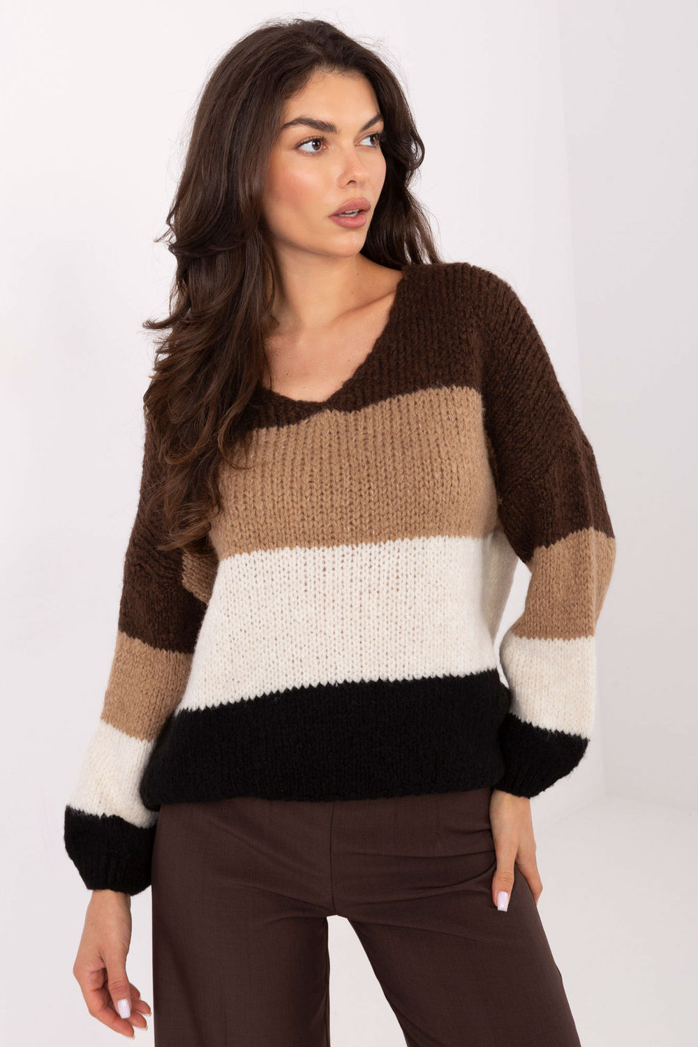 Rue Paris Brown Striped Oversized Jumper