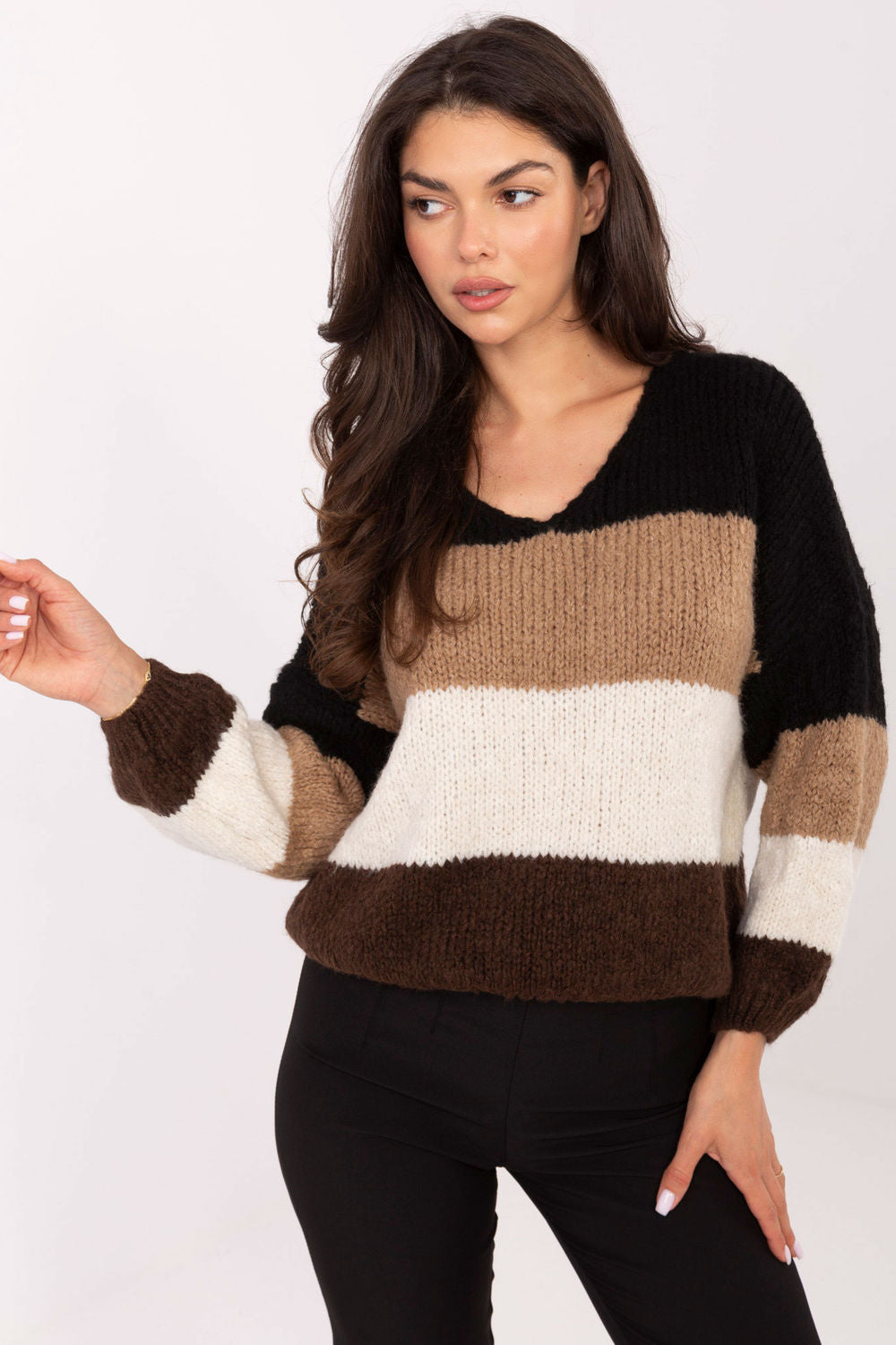 Rue Paris Brown Striped Oversized V-Neck Jumper