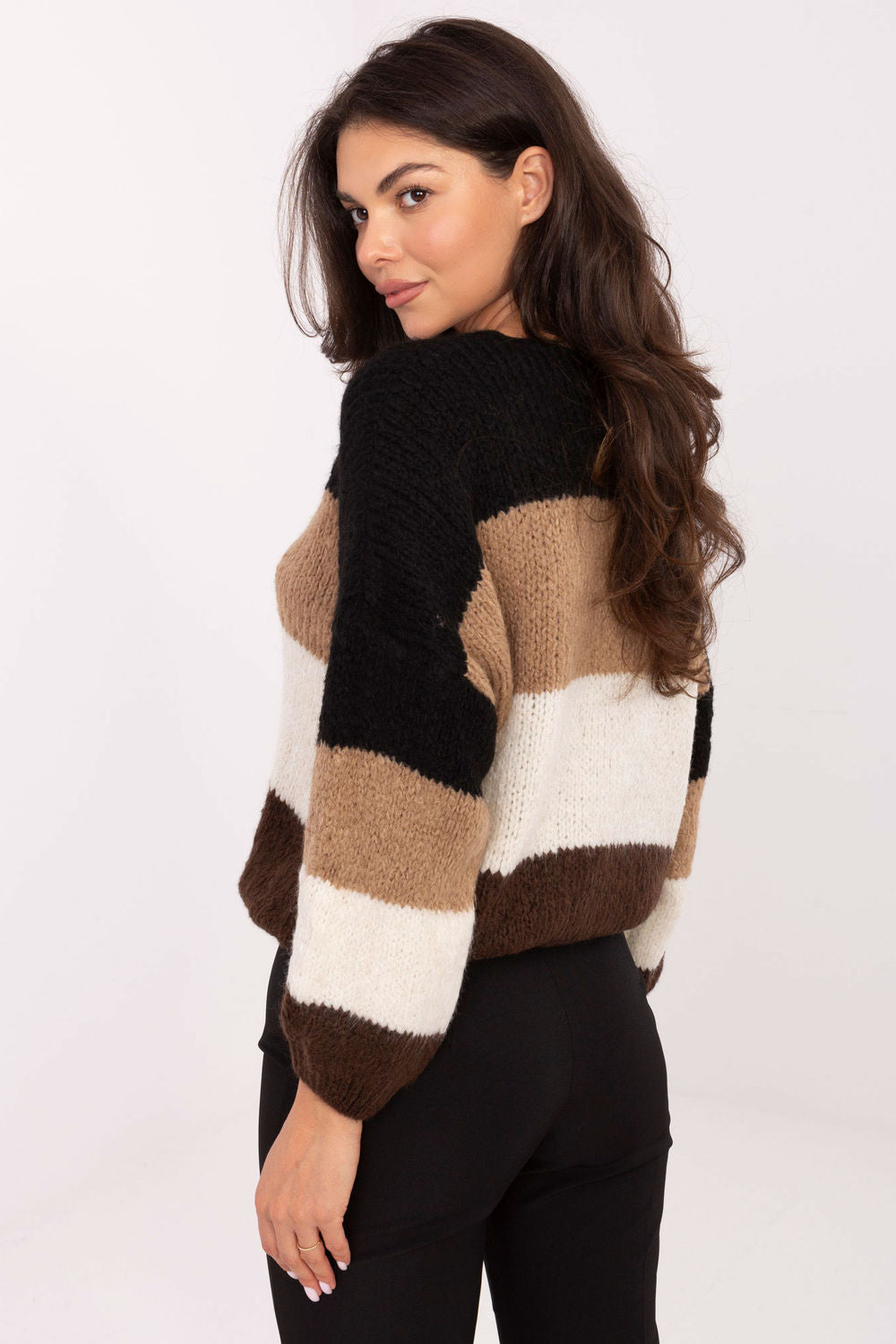 Rue Paris Brown Striped Oversized V-Neck Jumper - view 3