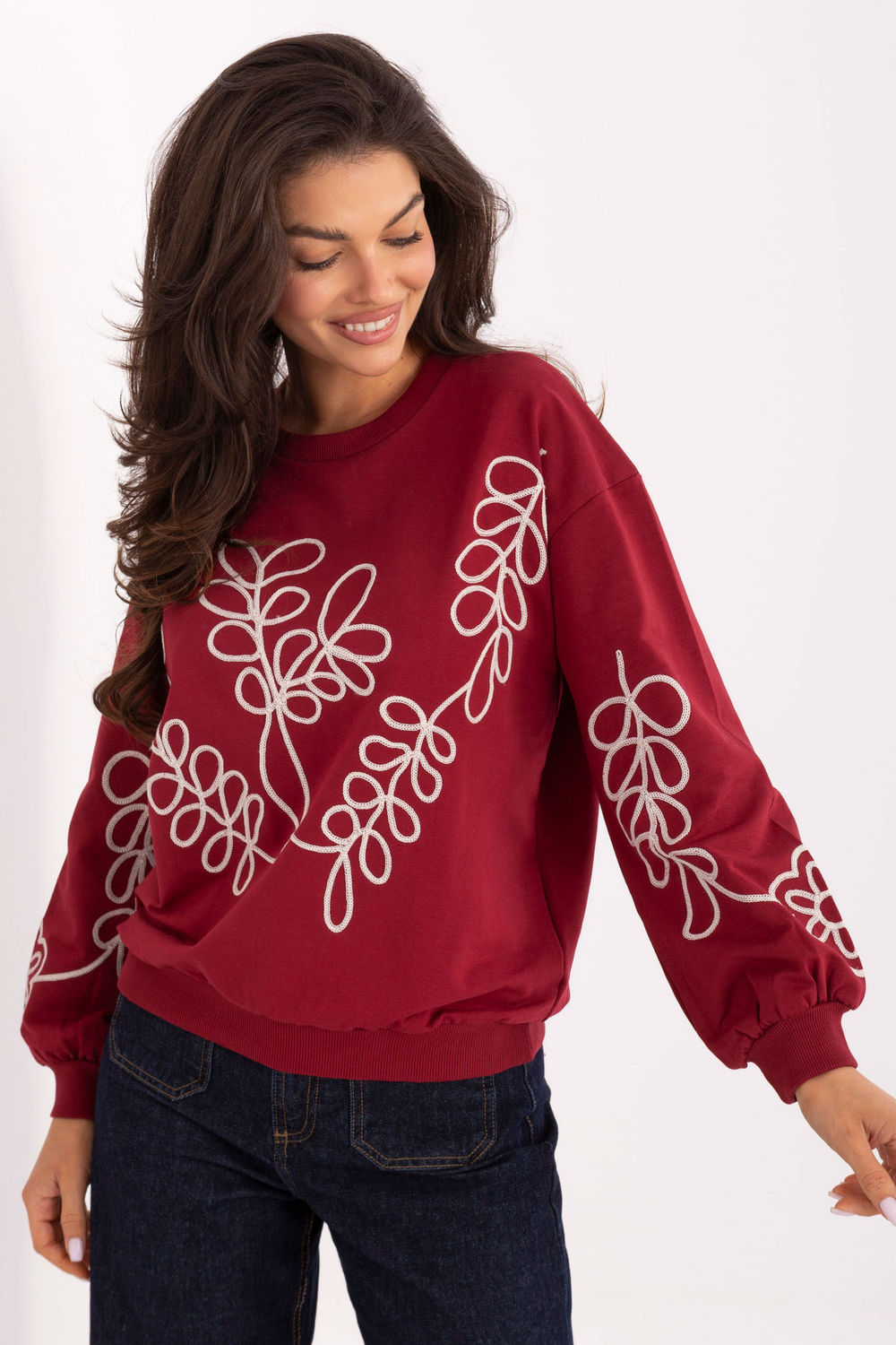 Relevance Burgundy Round Neck Long Sleeve Cotton Sweatshirt with Embroidery