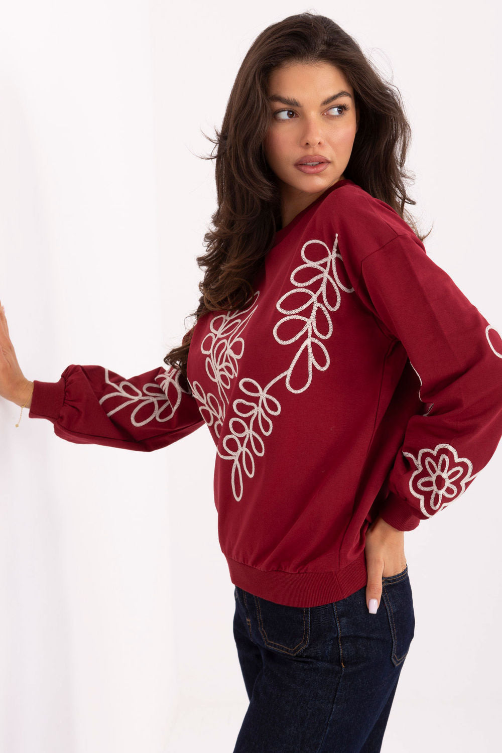 Relevance Burgundy Round Neck Long Sleeve Cotton Sweatshirt with Embroidery - view 2