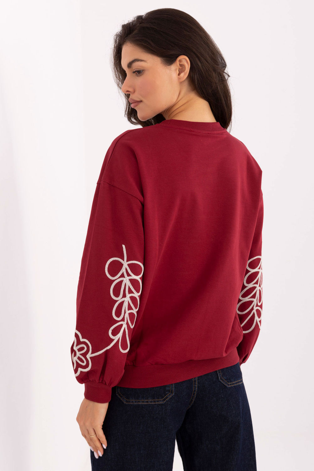 Relevance Burgundy Round Neck Long Sleeve Cotton Sweatshirt with Embroidery - view 3