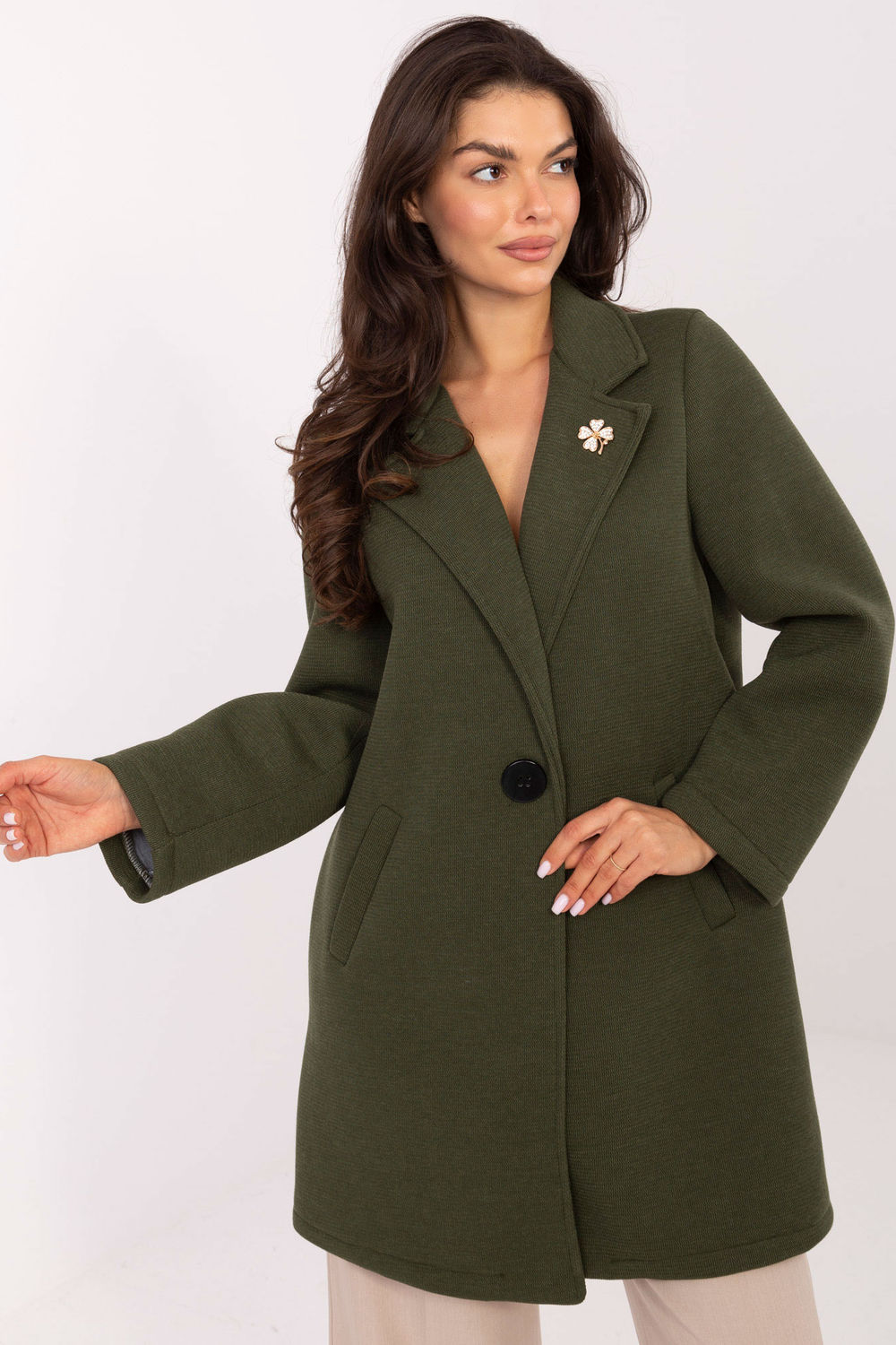 Rue Paris Khaki Polyester Long Sleeve Coat