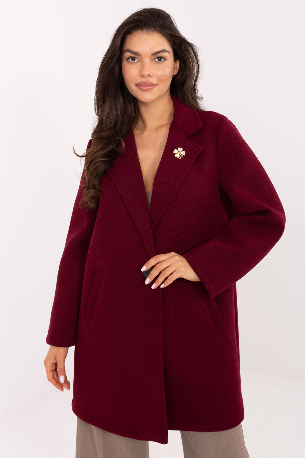 Rue Paris Burgundy Button Front Long Sleeve Coat