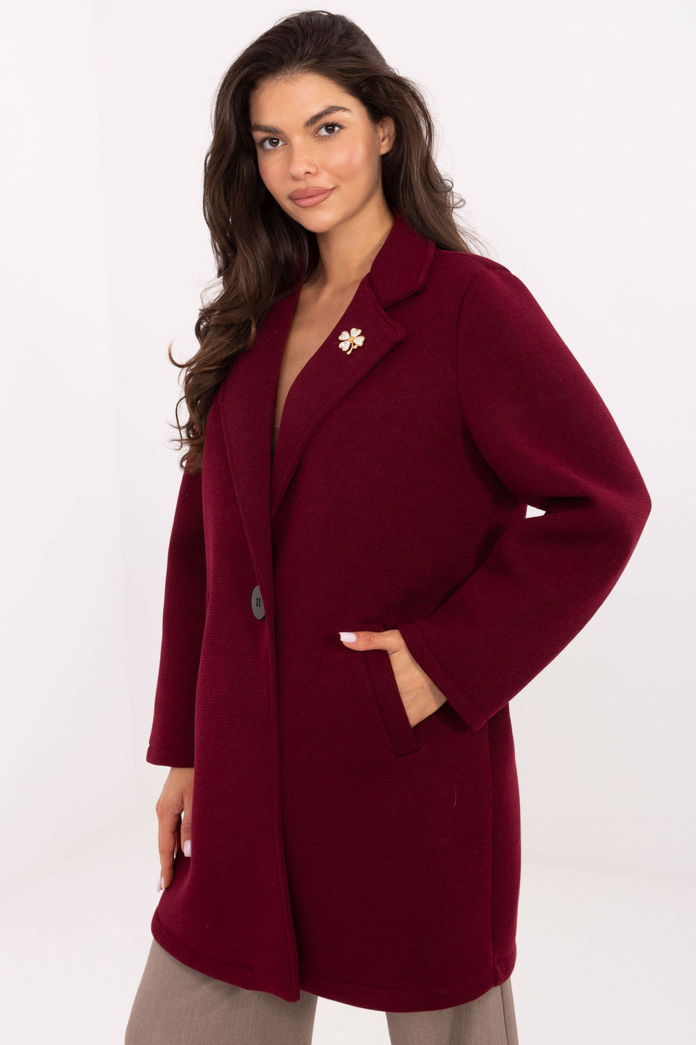 Rue Paris Burgundy Button Front Long Sleeve Coat - view 2