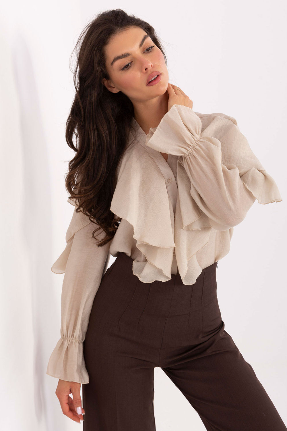 Rue Paris Beige V-Neck Long Sleeve Top