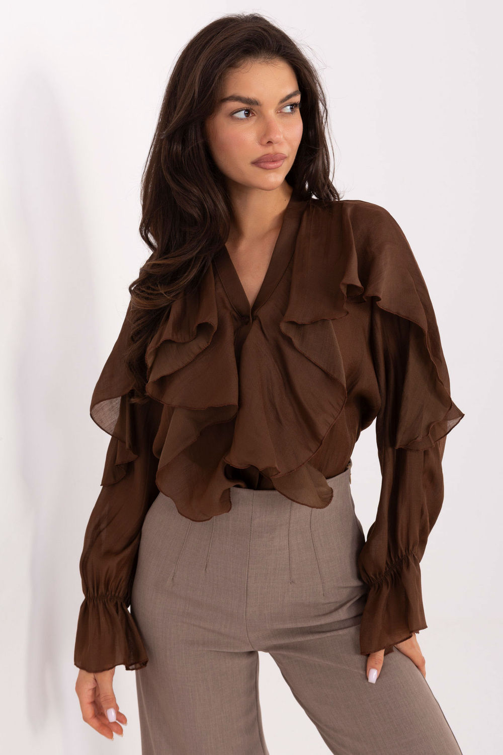 Rue Paris Brown V-Neck Long Sleeve Top
