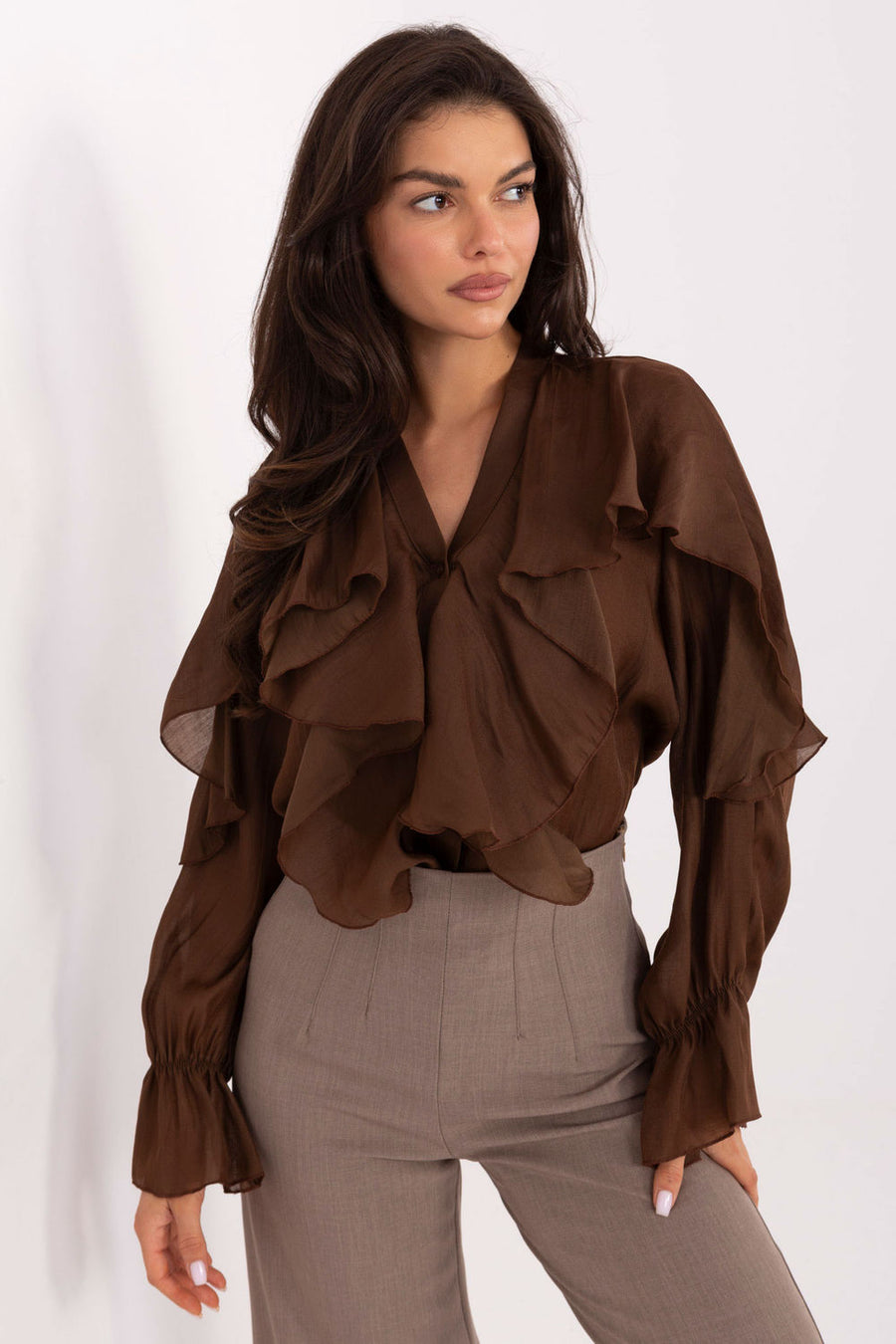 Rue Paris Brown V-Neck Long Sleeve Top