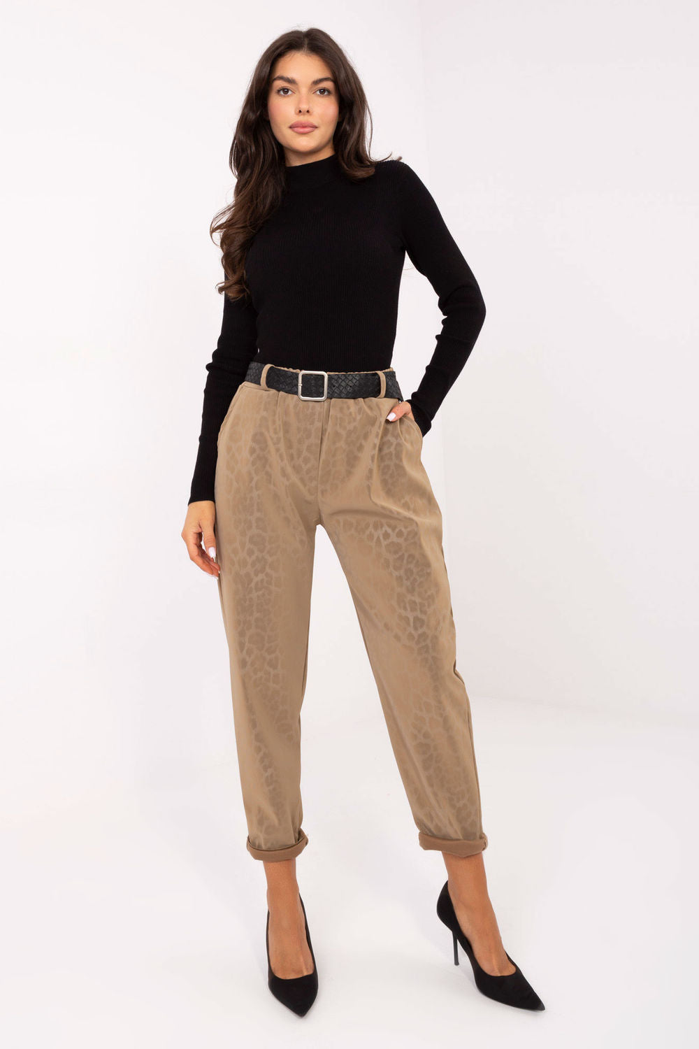 Italy Moda Camel Faux Leather Leopard Print Trousers