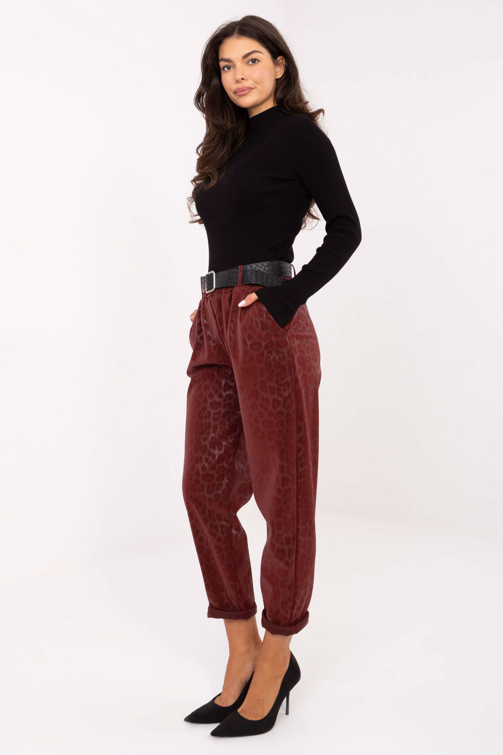 Italy Moda Burgundy Faux Leather Leopard Print Trousers - view 2