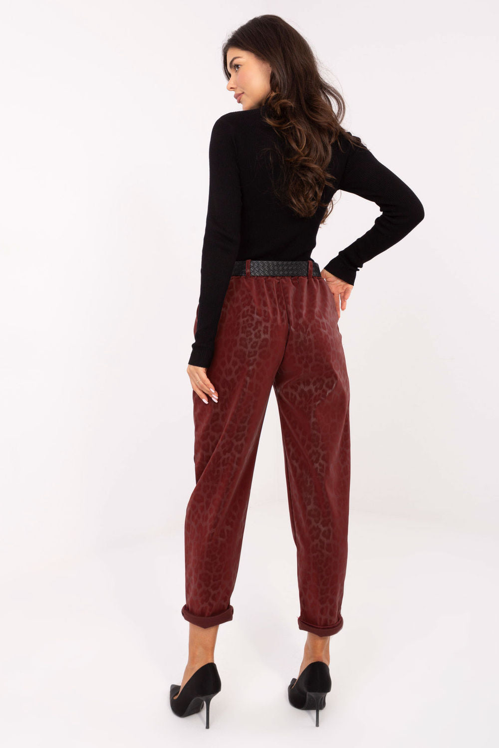 Italy Moda Burgundy Faux Leather Leopard Print Trousers - view 3