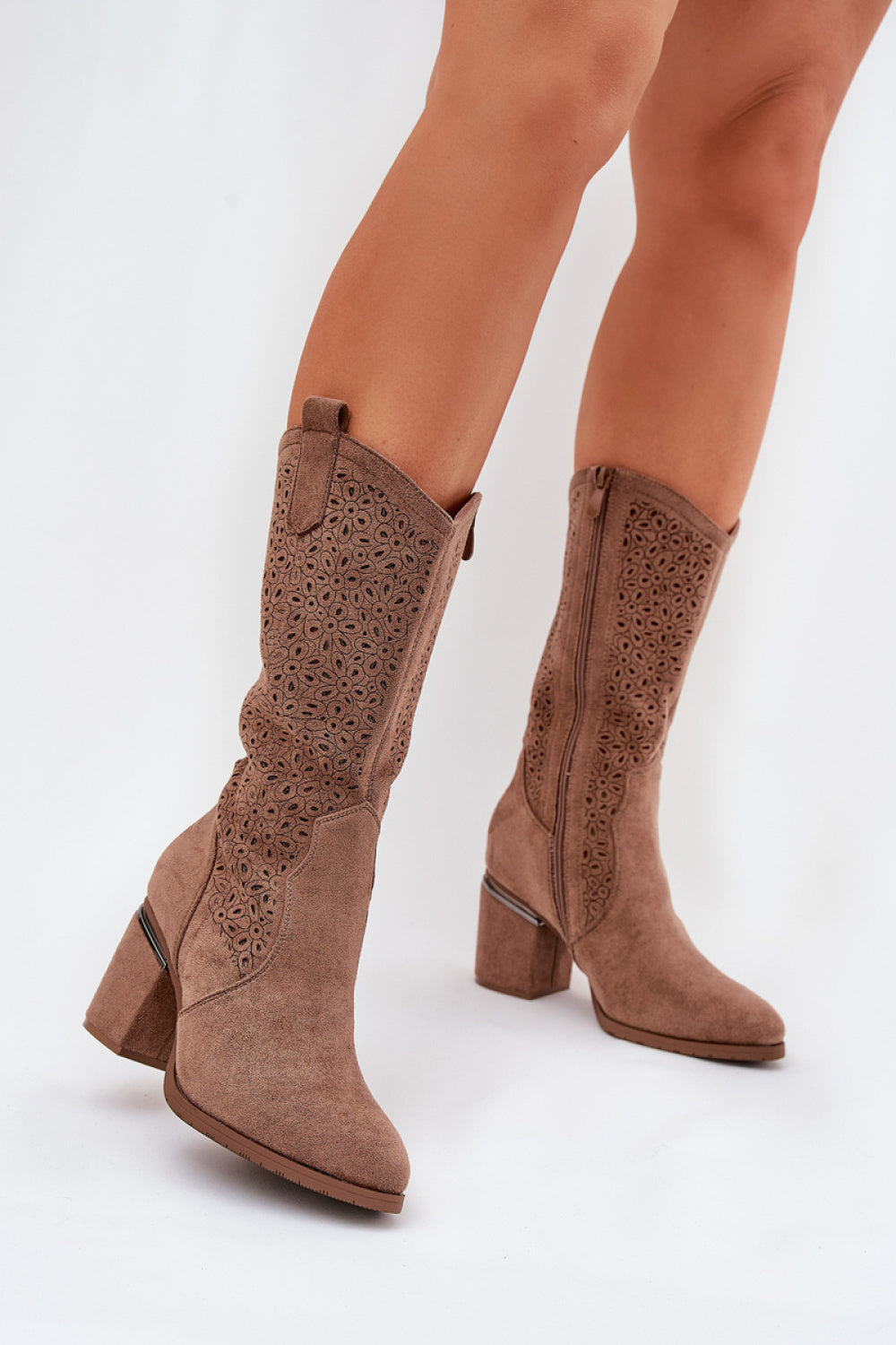 Step In Style Brown Faux Leather Block Heel Cut-Out Boots