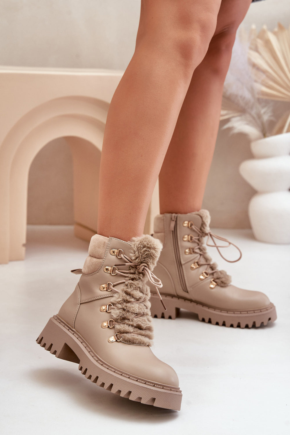 Step In Style Willatta Beige Faux Leather Lace Up Hiking Style Boots