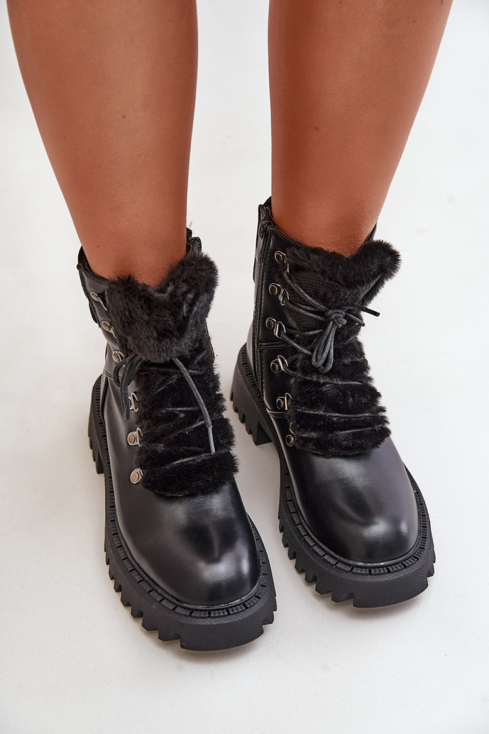 Step In Style Willatta Black Faux Leather Lace Up Hiking Style Boots