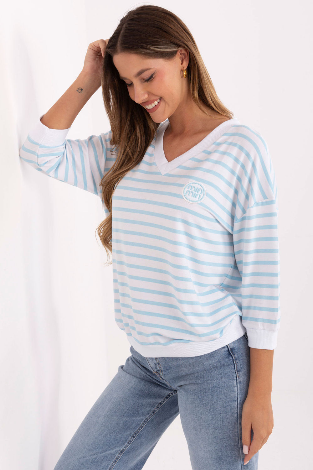Relevance Blue Striped V-Neck Blouse - view 2