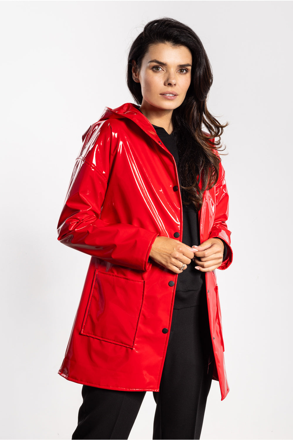 Awama Red Leather Look Hooded Jacket