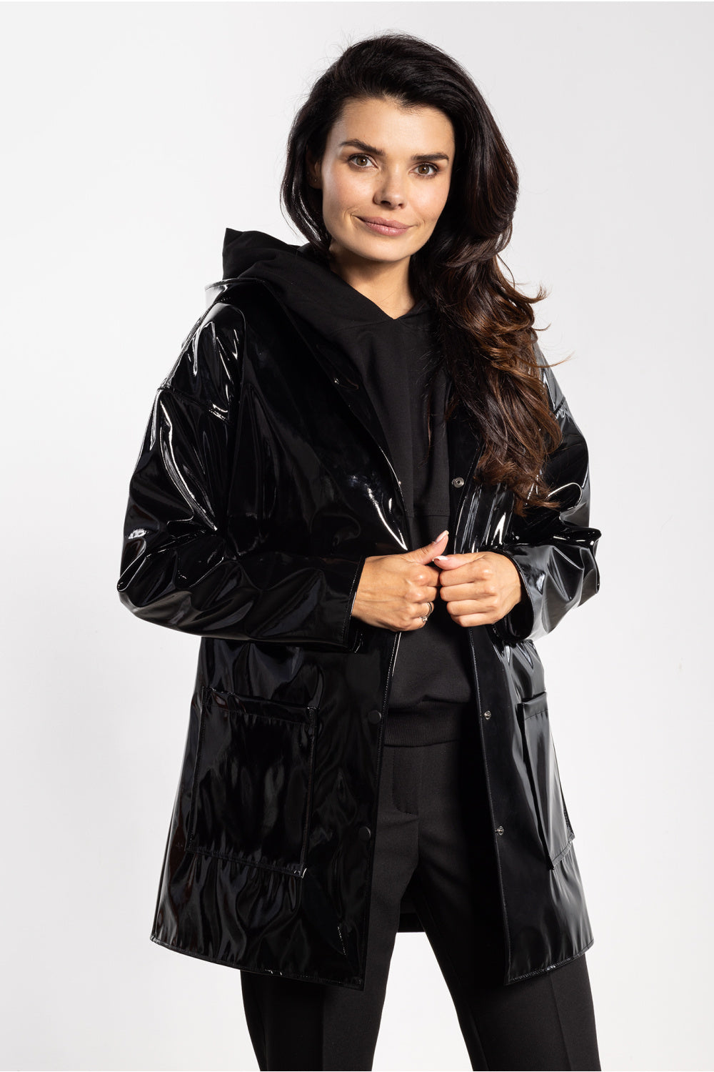 Awama Black Leather Look Hooded Jacket - view 4