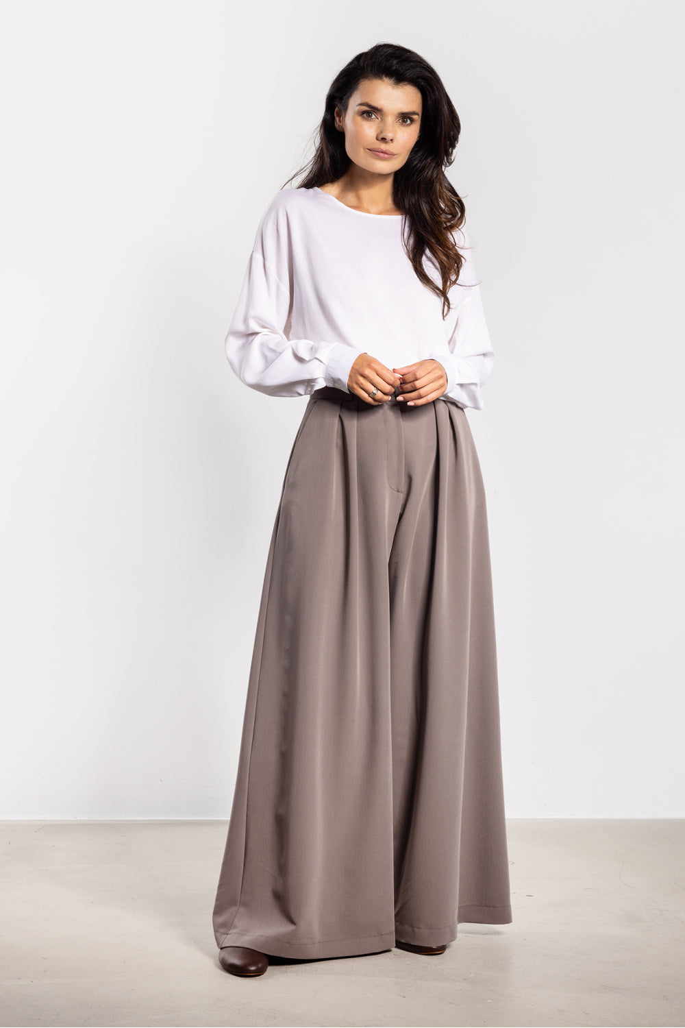 Awama Taupe Flared High Waisted Trousers