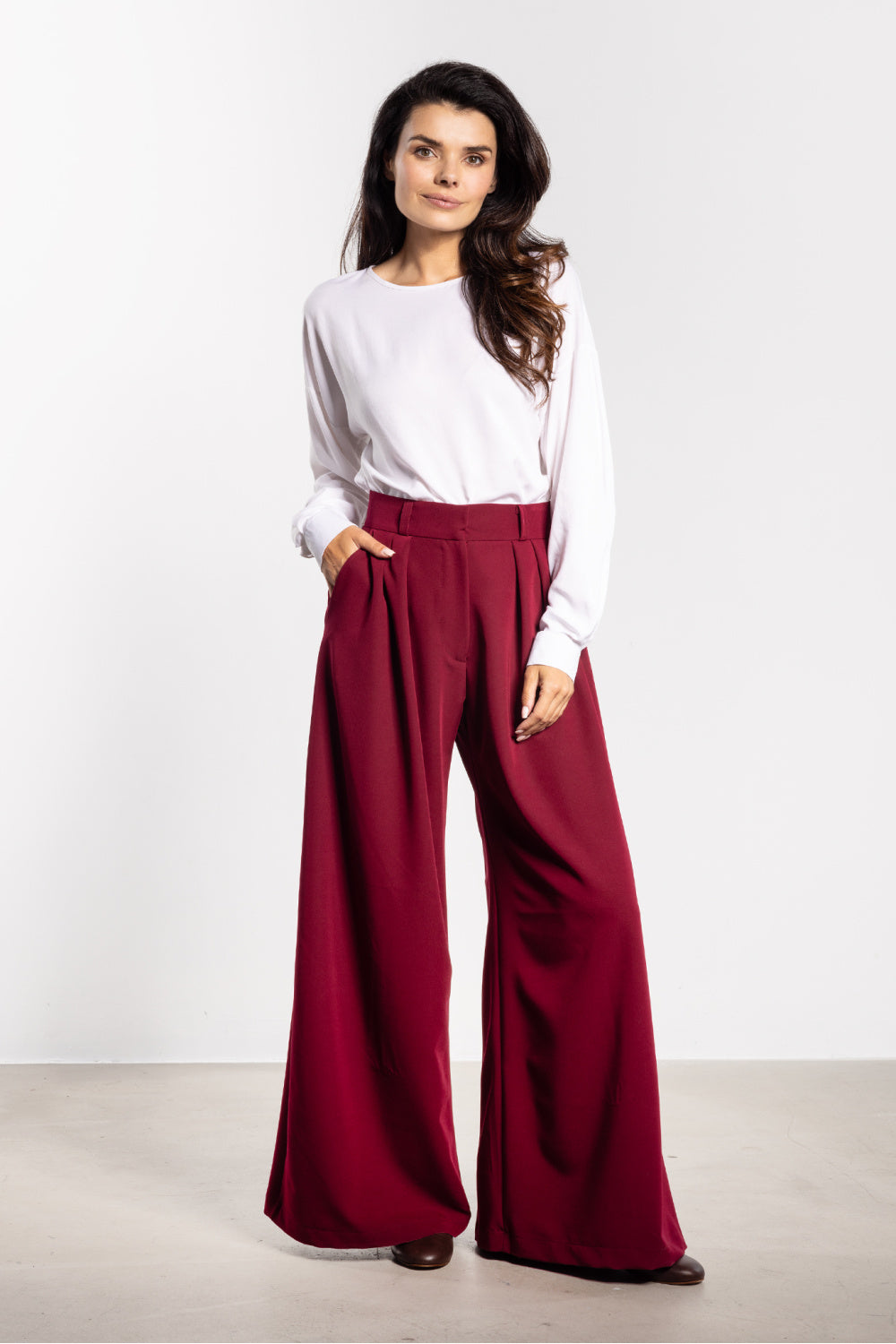 Awama Claret Flared High Waisted Trousers