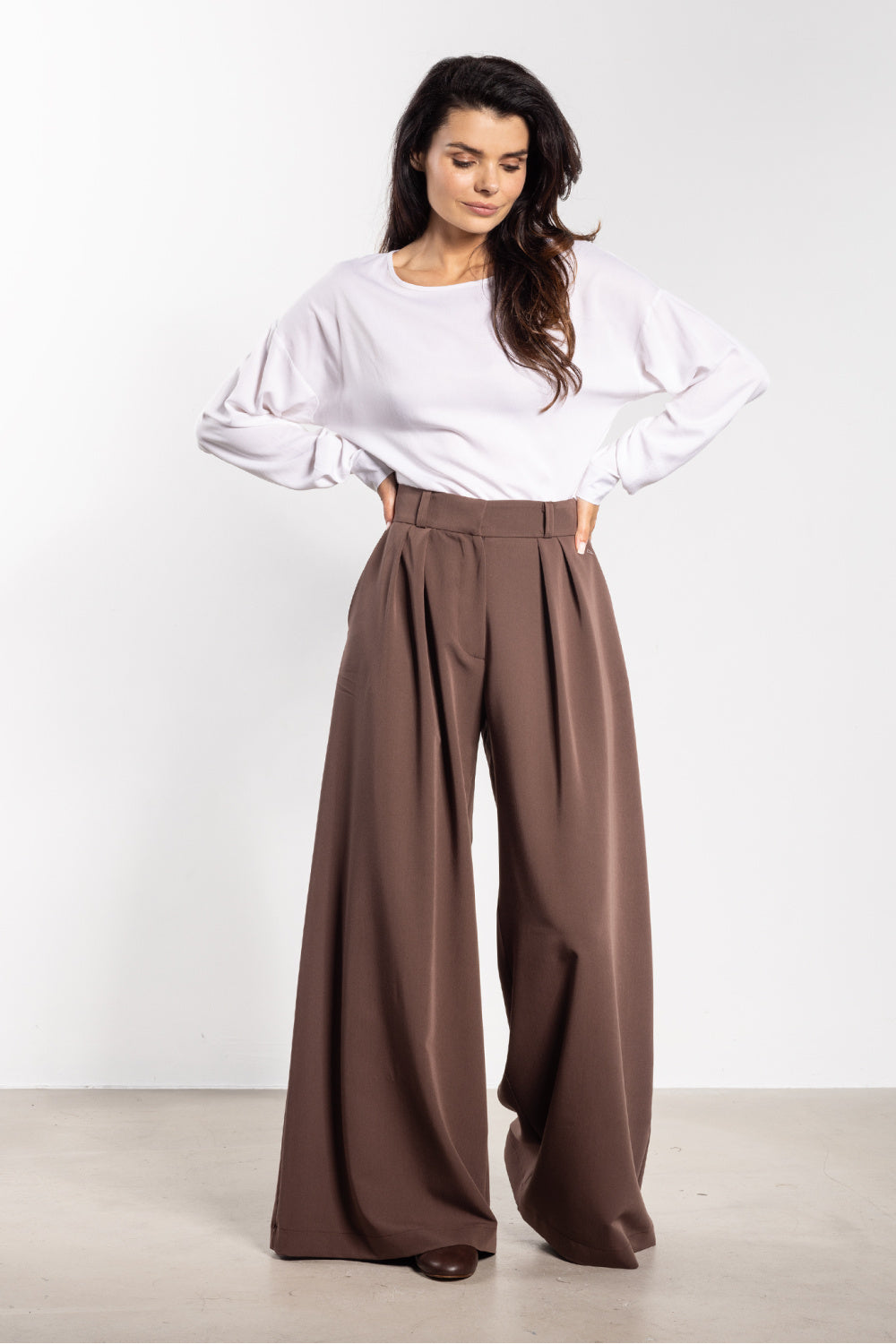 Awama Chocolate Flared High Waisted Trousers
