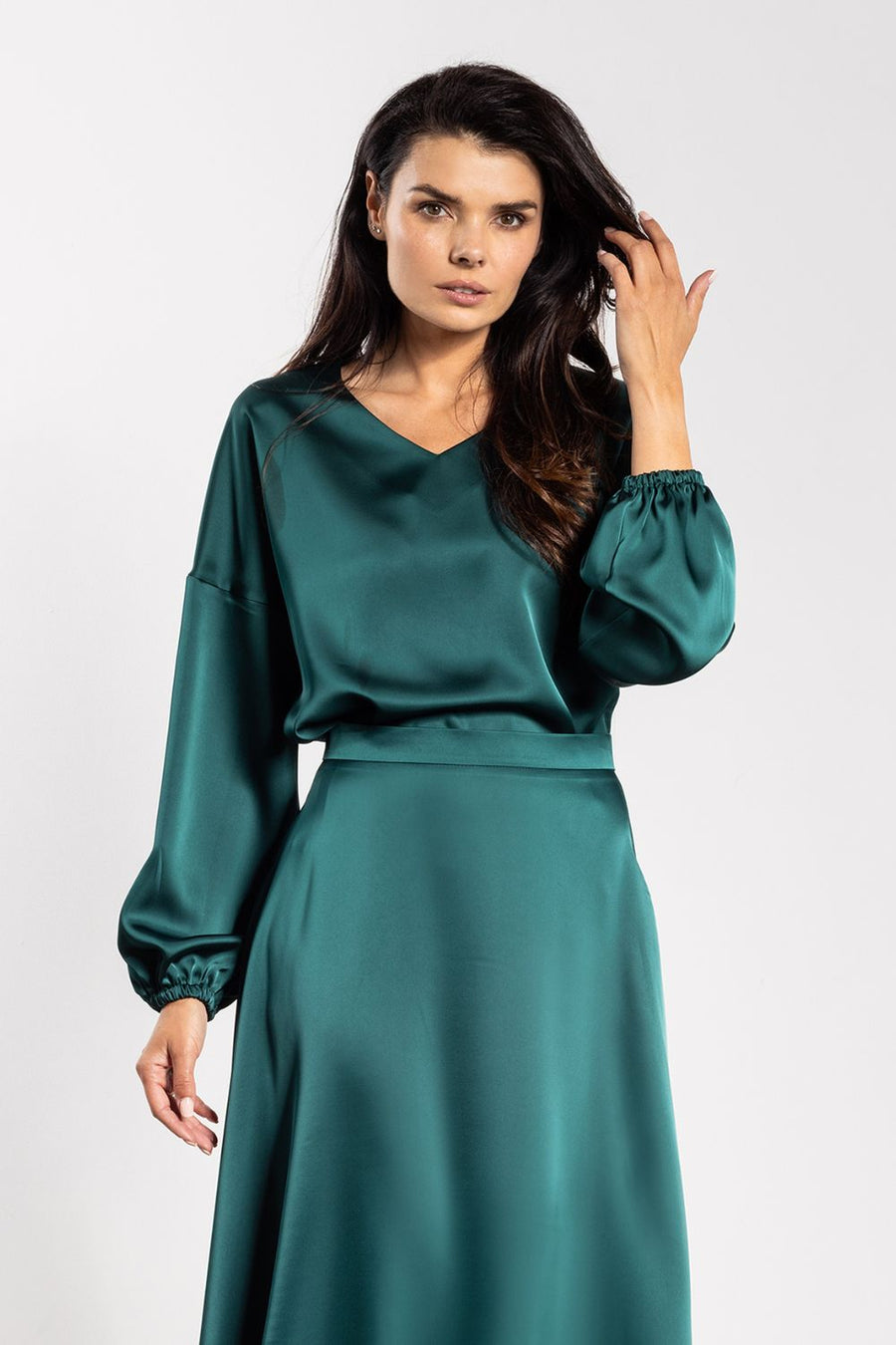 Awama Bottle Green Satin V-Neck Blouse