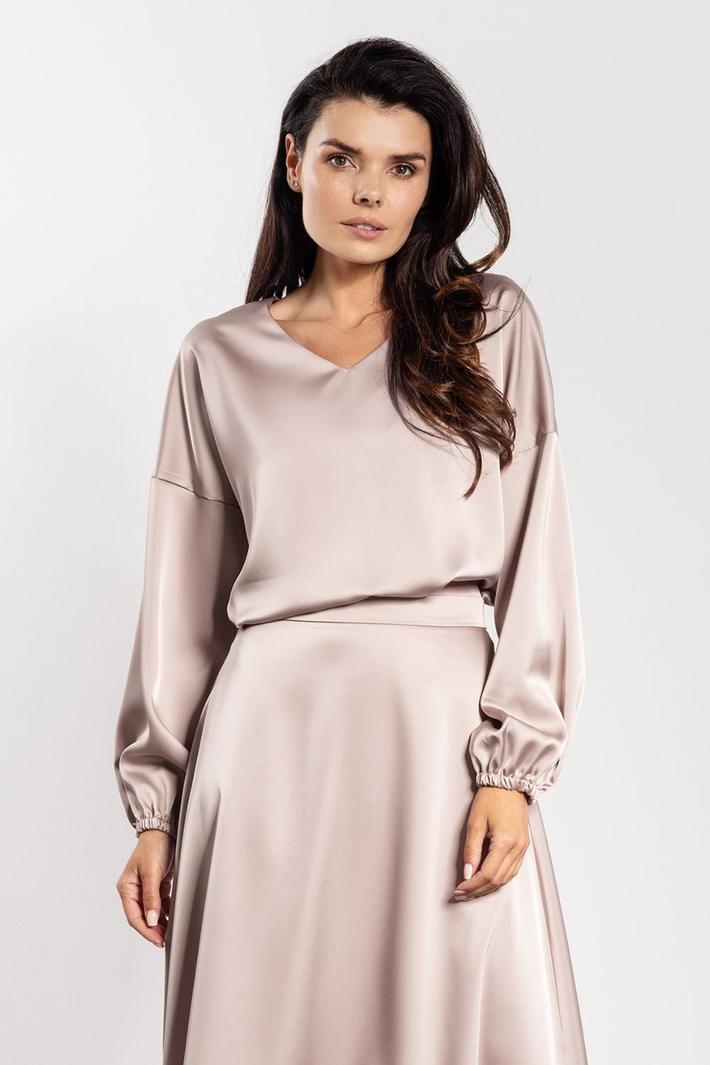 Awama Beige Satin V-Neck Blouse