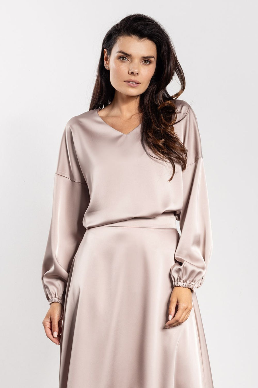 Awama Beige Satin V-Neck Blouse