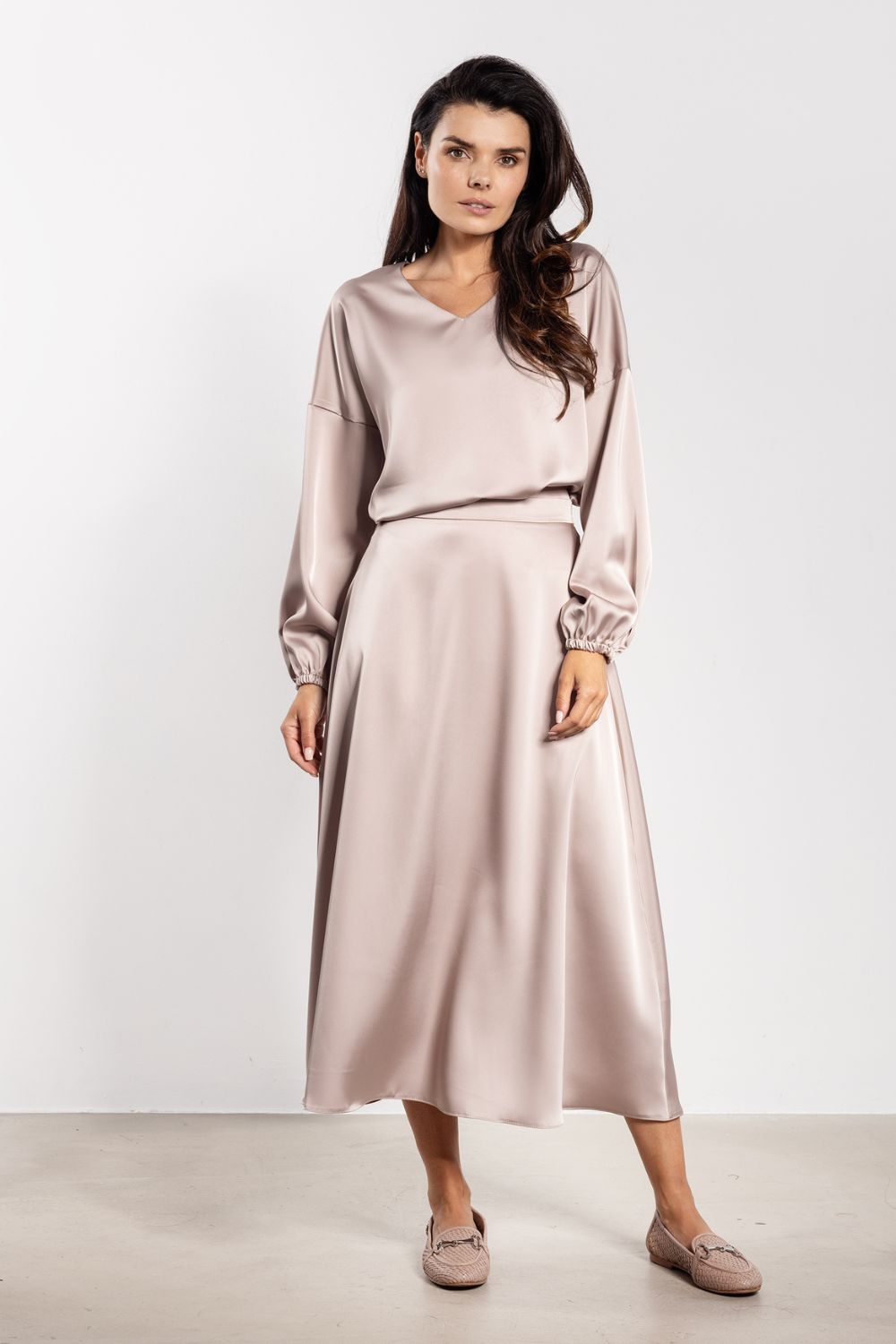 Awama Beige Satin V-Neck Blouse - view 2