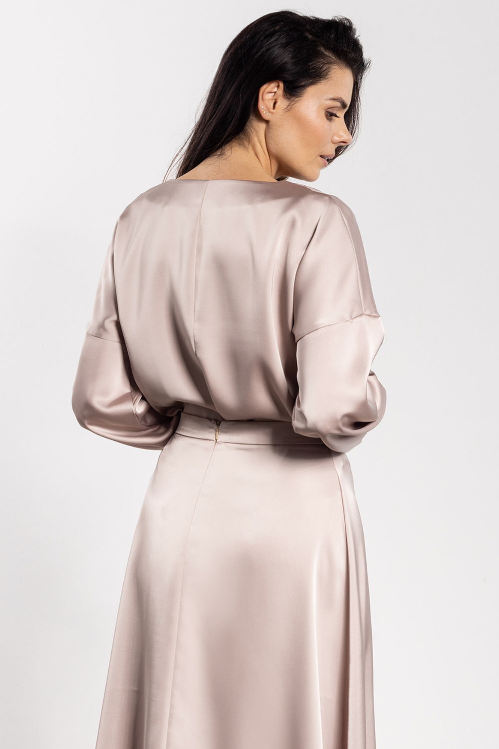 Awama Beige Satin V-Neck Blouse - view 3