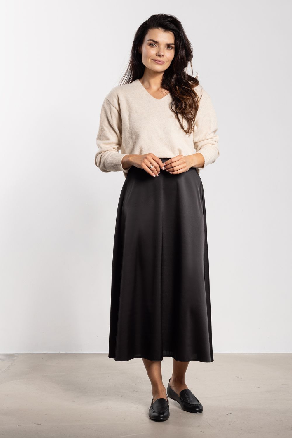 Awama Black Satin Flared Skirt