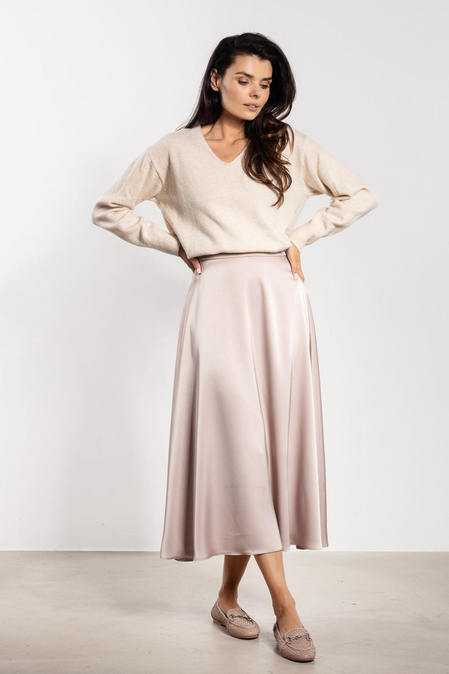 Awama Beige Satin Flared Skirt