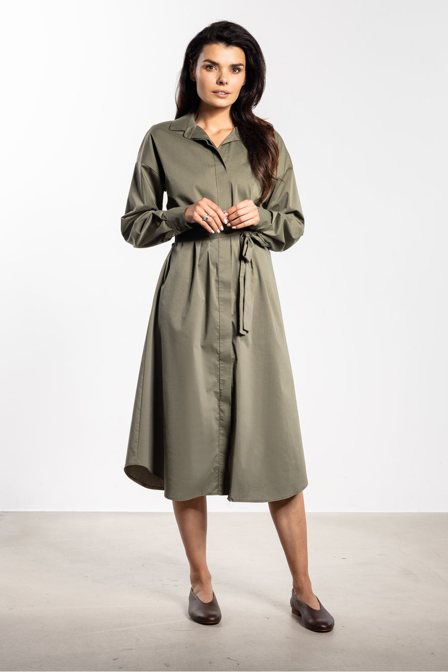 Awama Sage Collared Midi Long Sleeve Dress