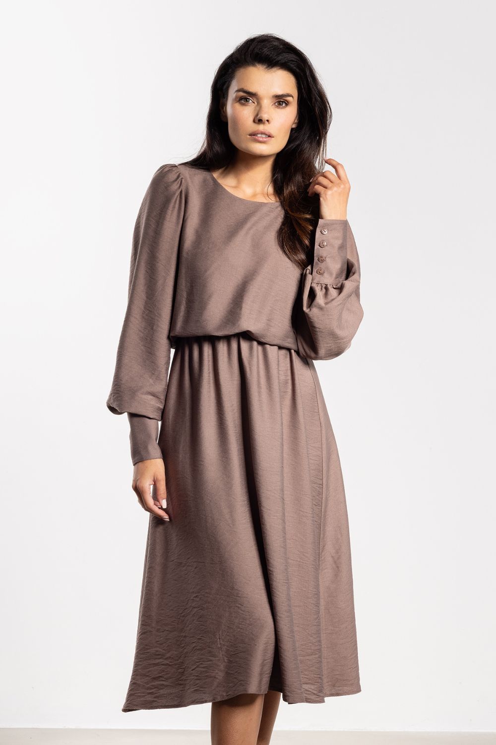 Awama Taupe Midi Long Sleeve Dress