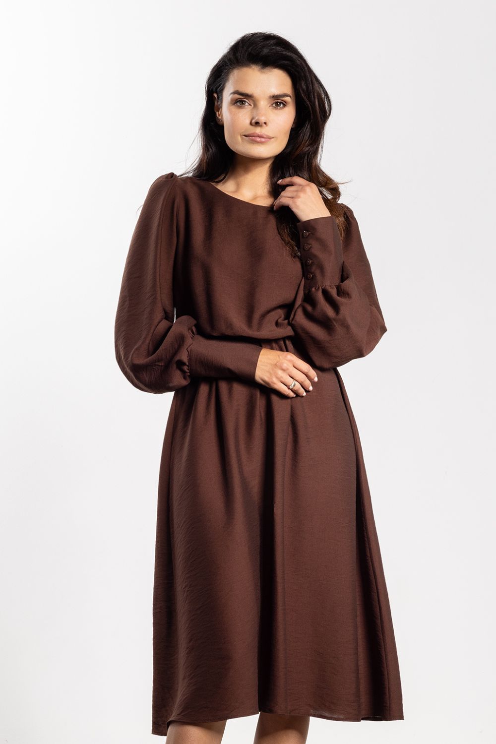 Awama Chocolate Loose Fit Midi Long Sleeve Dress
