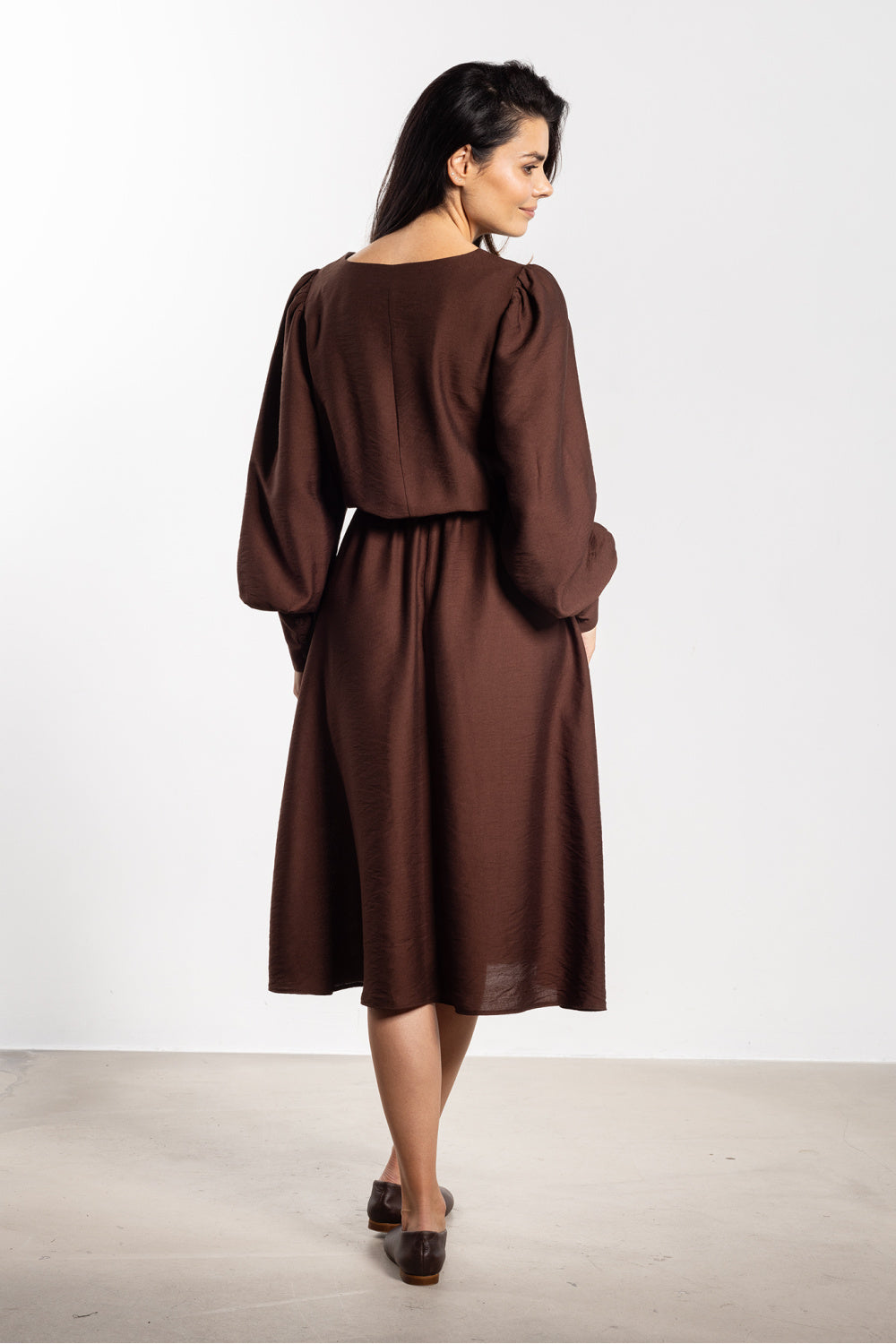 Awama Chocolate Loose Fit Midi Long Sleeve Dress - view 3