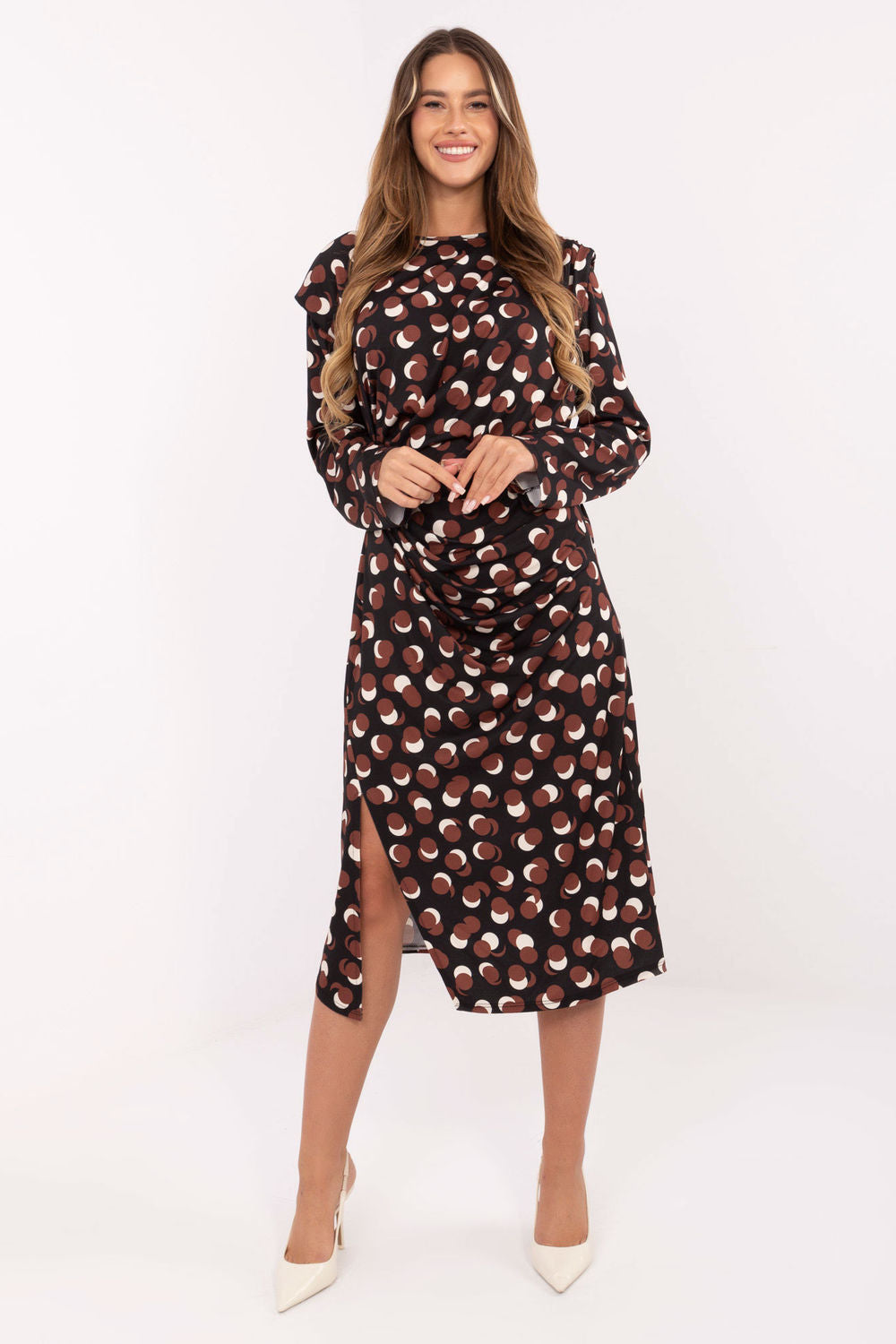 Rue Paris Black Round Neck Midi Long Sleeve Dress