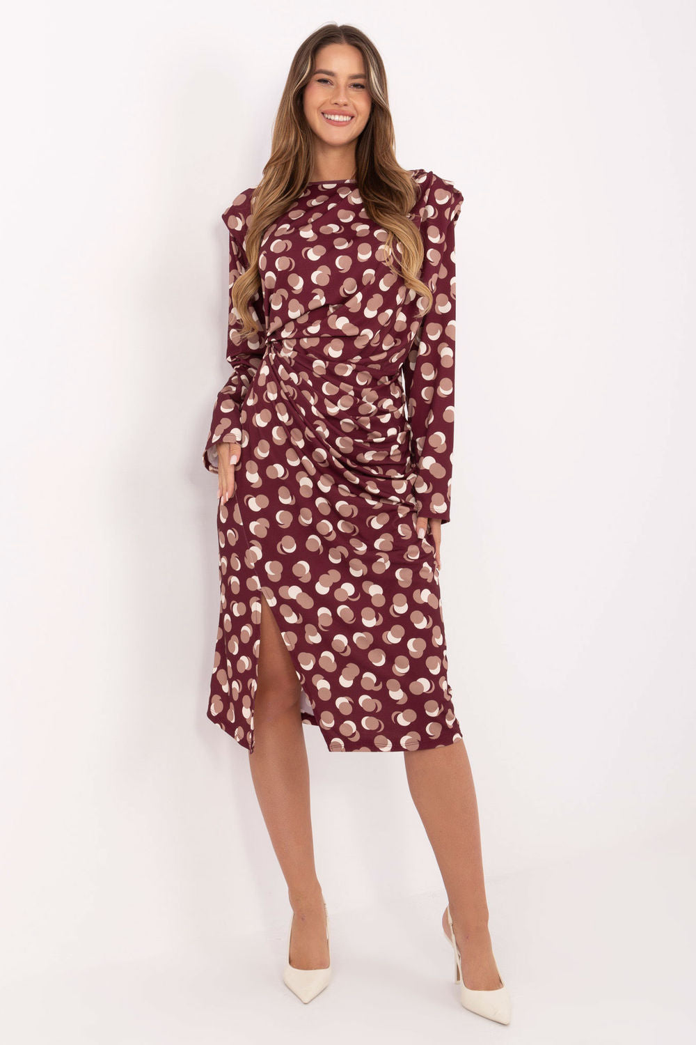 Rue Paris Burgundy Midi Long Sleeve Dress