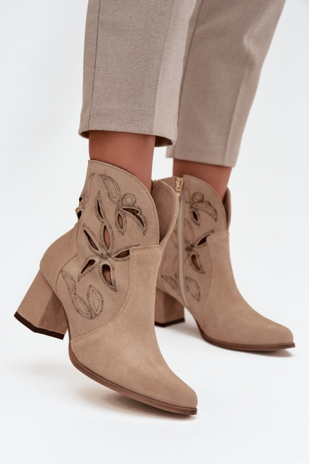 Step In Style Zazoo Beige Suede Heeled Ankle Boots with Zip
