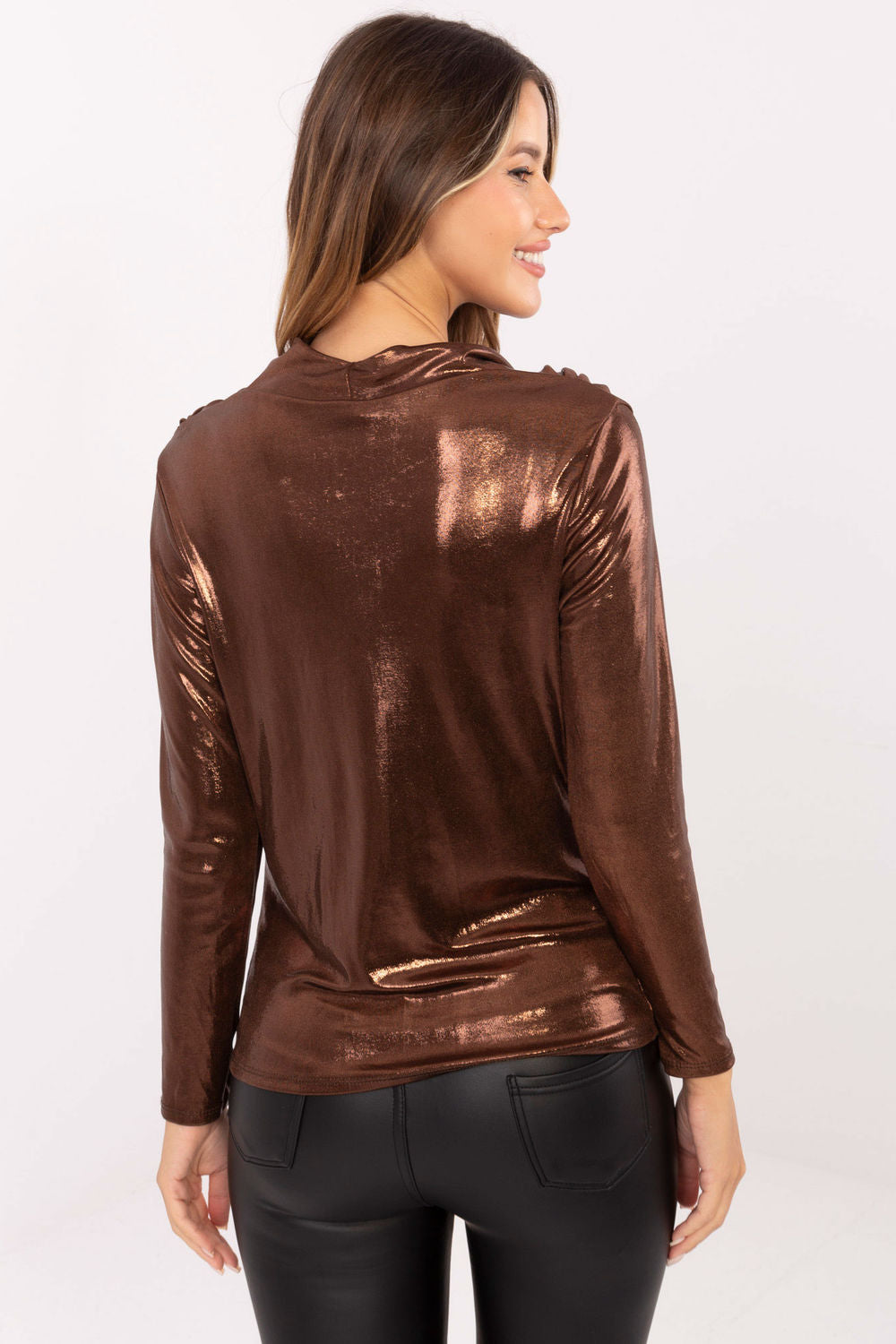 Italy Moda Brown Pleated Long Sleeve Blouse - view 3