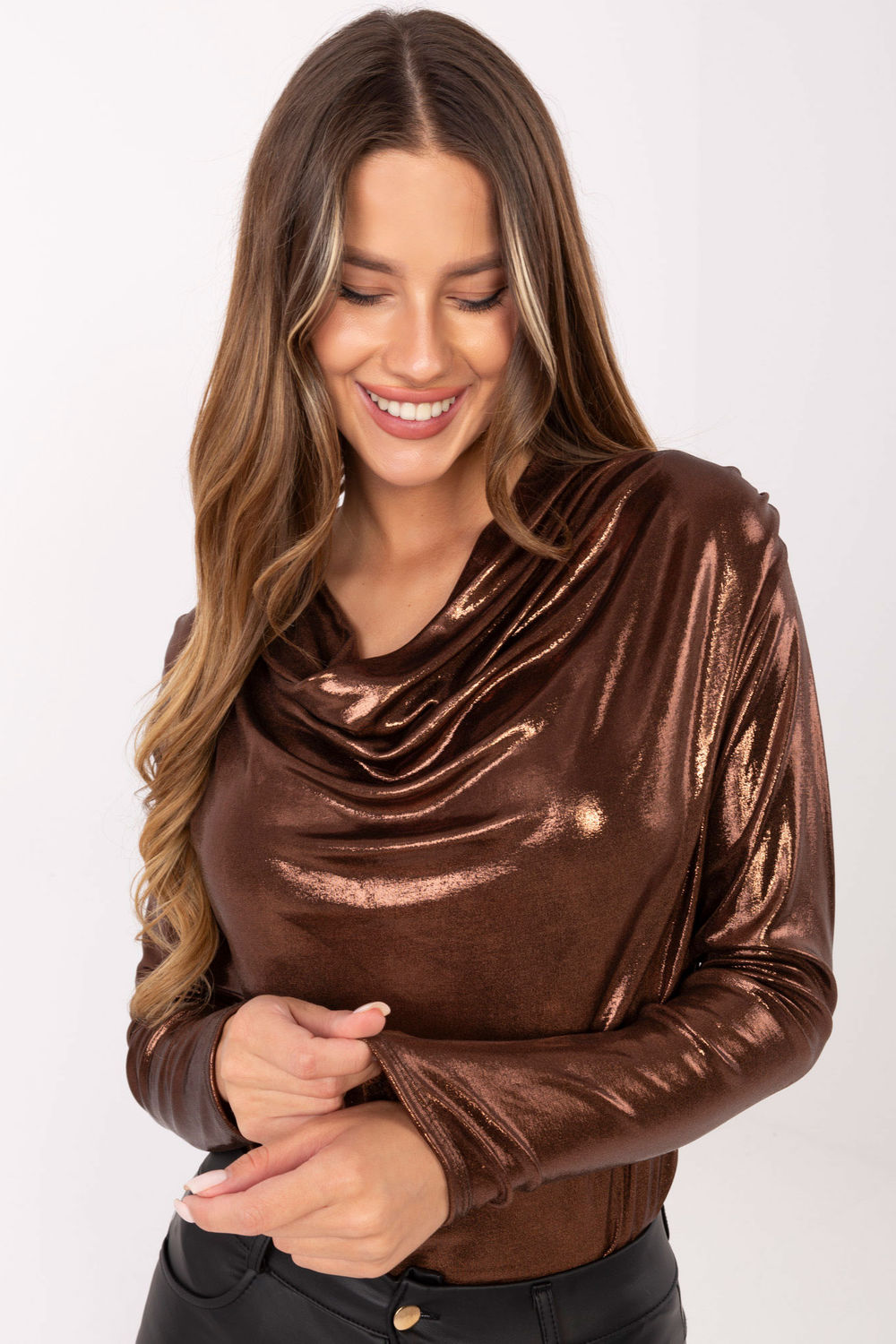 Italy Moda Brown Pleated Long Sleeve Blouse - view 4
